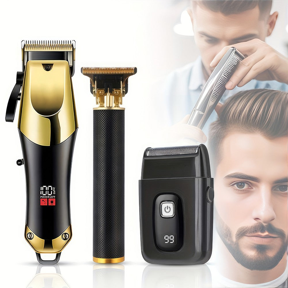 Men's Cordless Hair Cutting & Beard Trimmer Set with LED Display, 3-Piece Grooming Kit