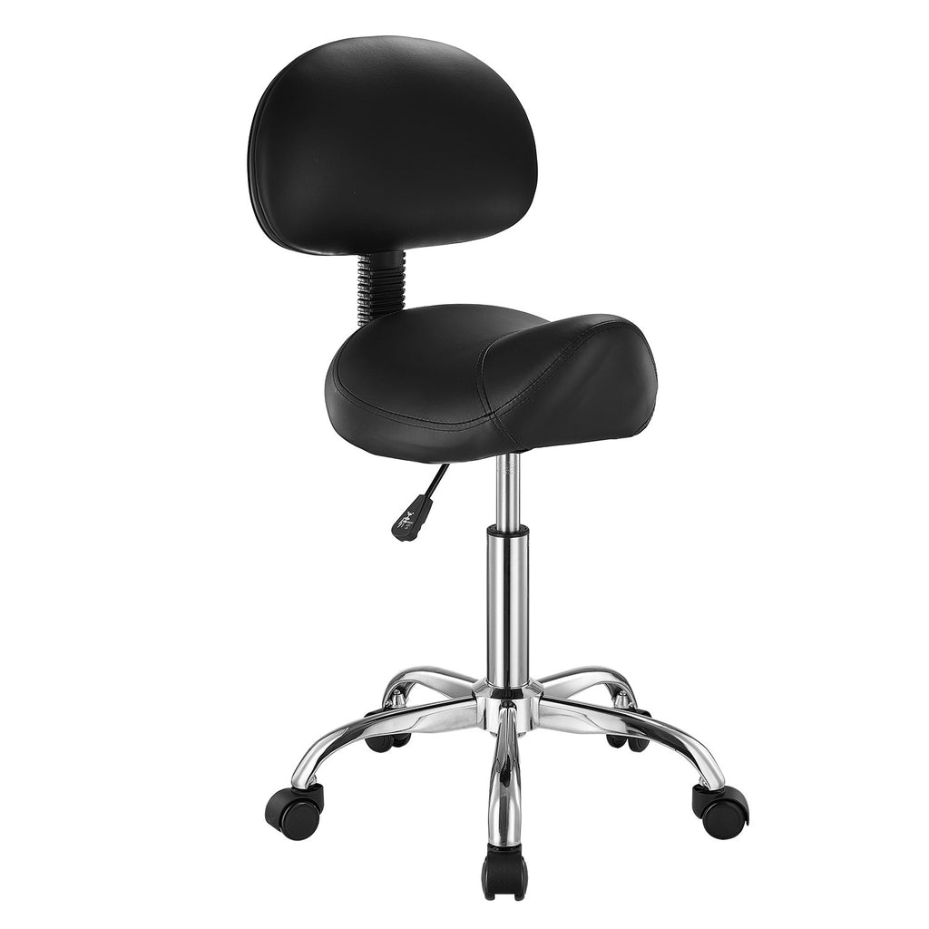 Adjustable Saddle Stool with Wheels and Backrest - PU Leather, Heavy Duty