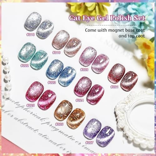 Holographic Cat Eye Gel Nail Polish Set with Base & Top Coat - 10 Colors