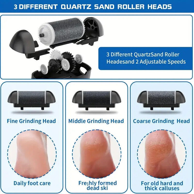 Electric Callus Remover Foot Grinder with 3 Abrasive Heads - Rechargeable Pedicure Tool for Dead Skin & Cracked Heels