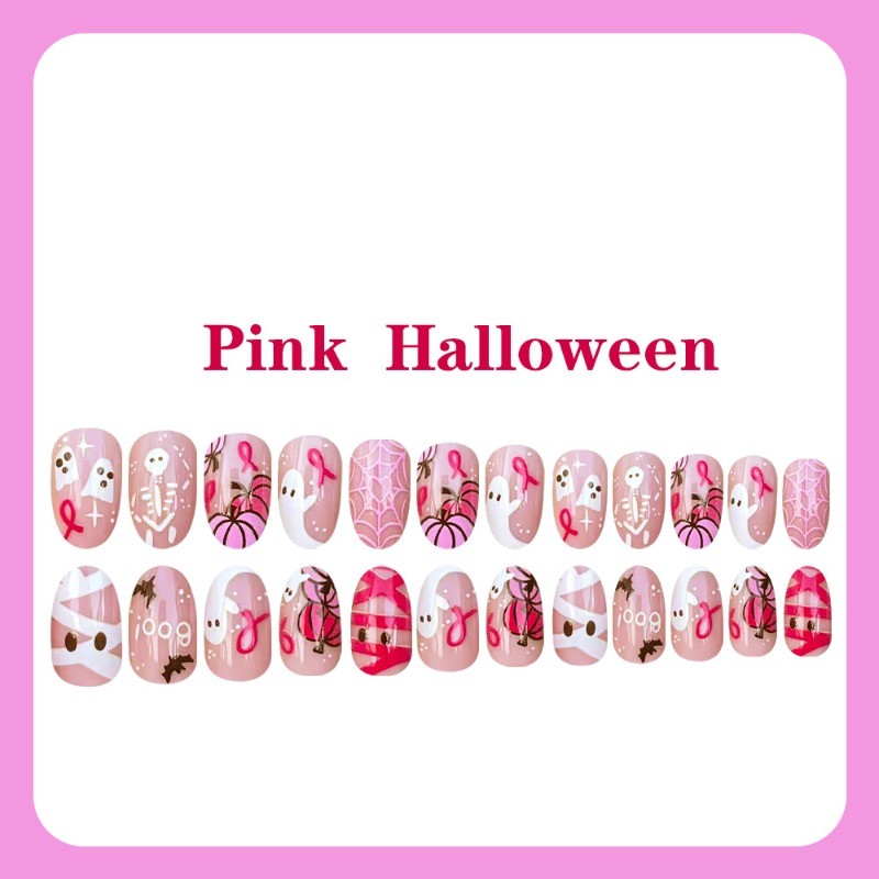48Pcs Long Almond Pink Ribbon Ghost Pumpkin Spider Web Halloween Press-On Nails
