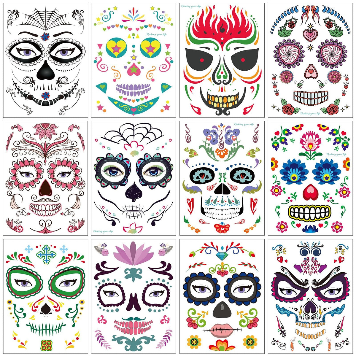 12-Pack Day of the Dead Skull Face Temporary Tattoos Kit for Halloween