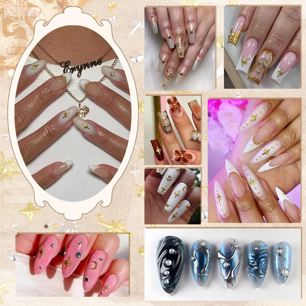 3D Star Nail Charms Set - Gold & Silver Metallic Nail Art Gems with Tweezers