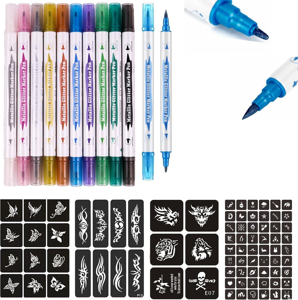 Temporary Tattoo Markers for Skin – 10 Count with 80 Large Stencils
