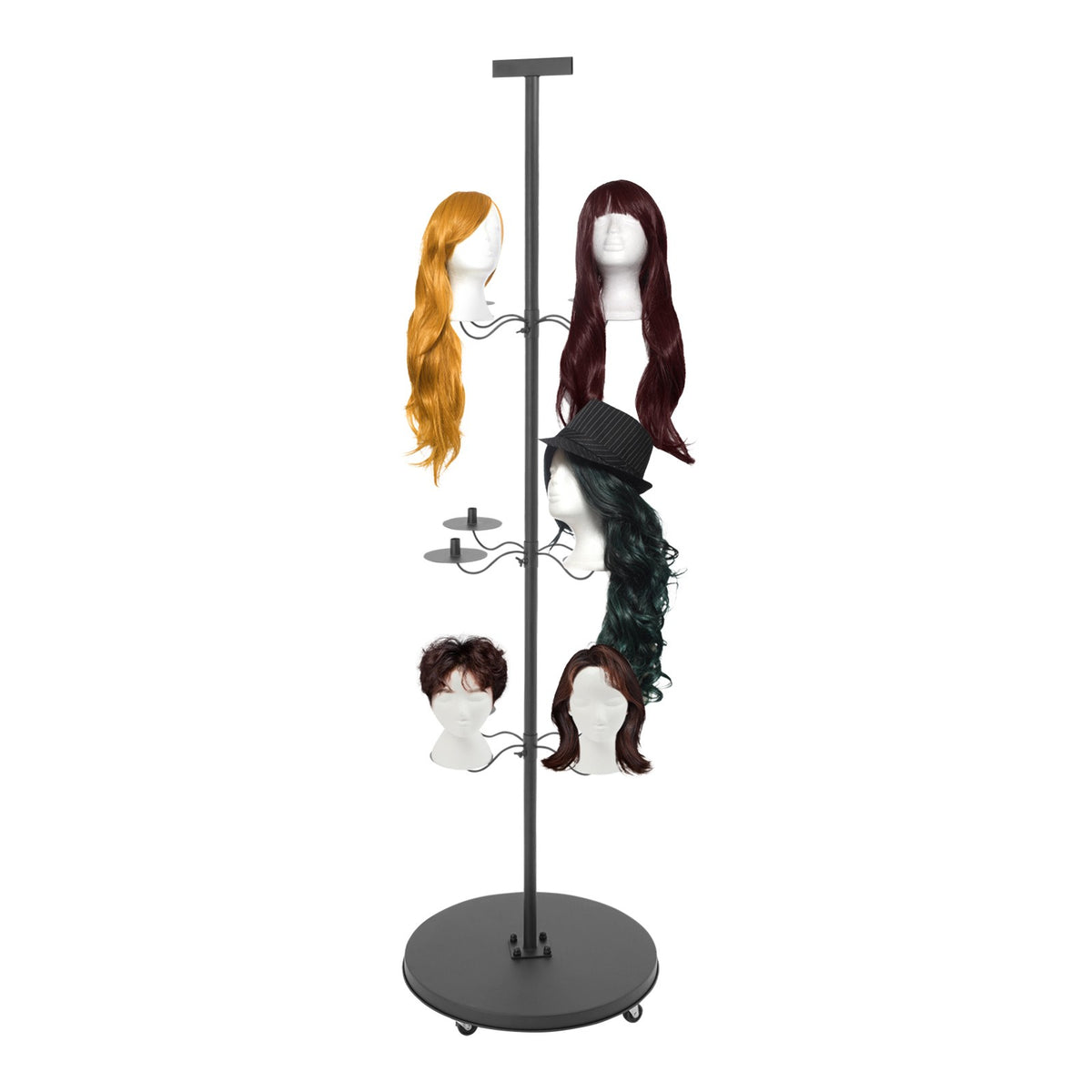 12 Head Wig Display Stand with Lockable Wheels Adjustable Rack