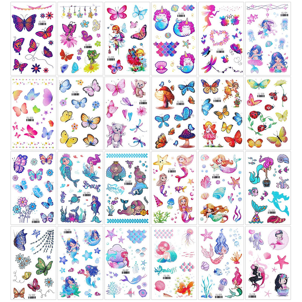 Waterproof Temporary Tattoos for Girls - 24 Sheets Glitter Designs