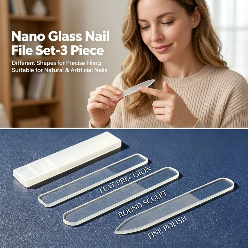 Nano Glass Nail File Set - 3 Shapes with Protective Cases - Manicure Tools