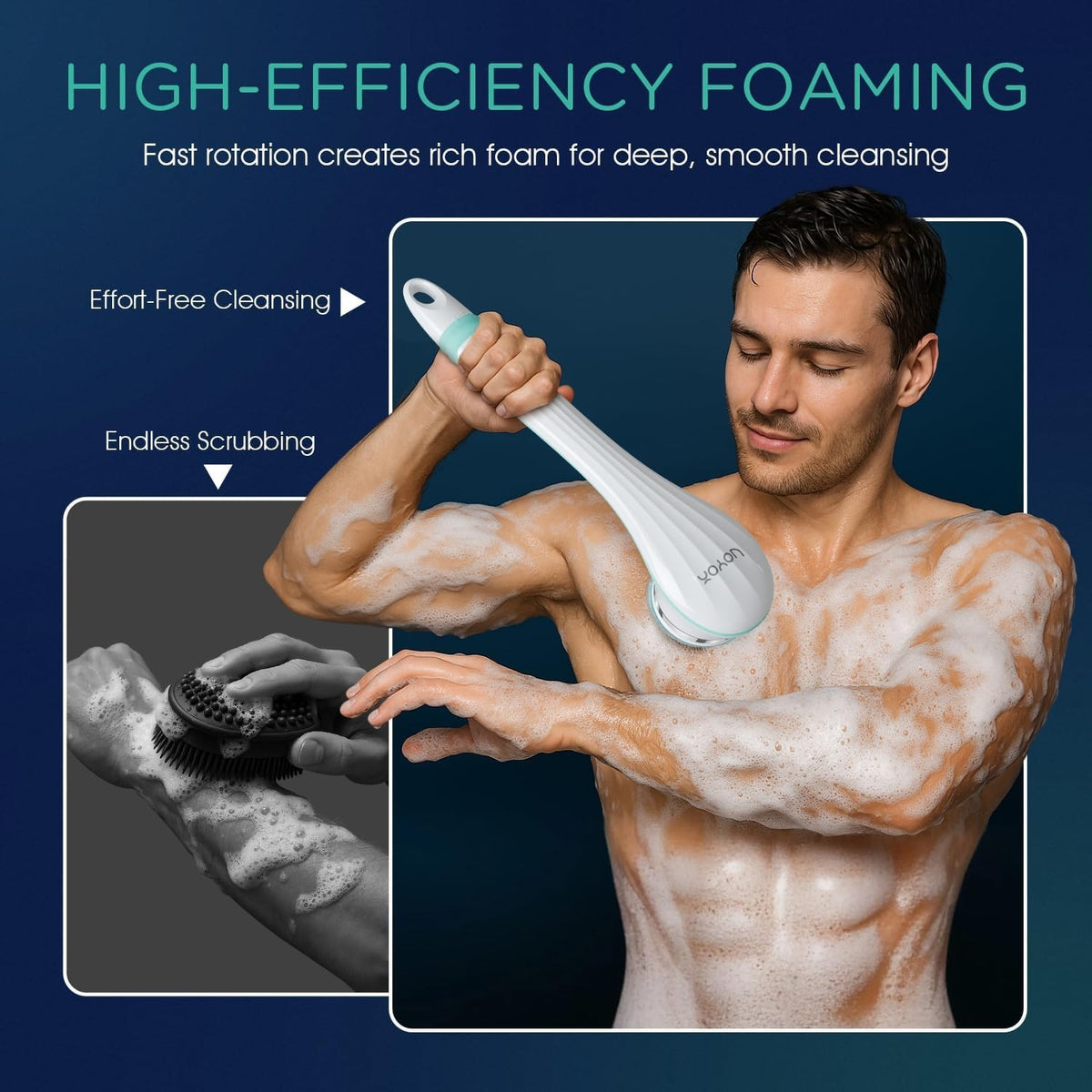 Electric 360-Degree Rotating Exfoliating Body Brush with Long Handle & 4 Attachments