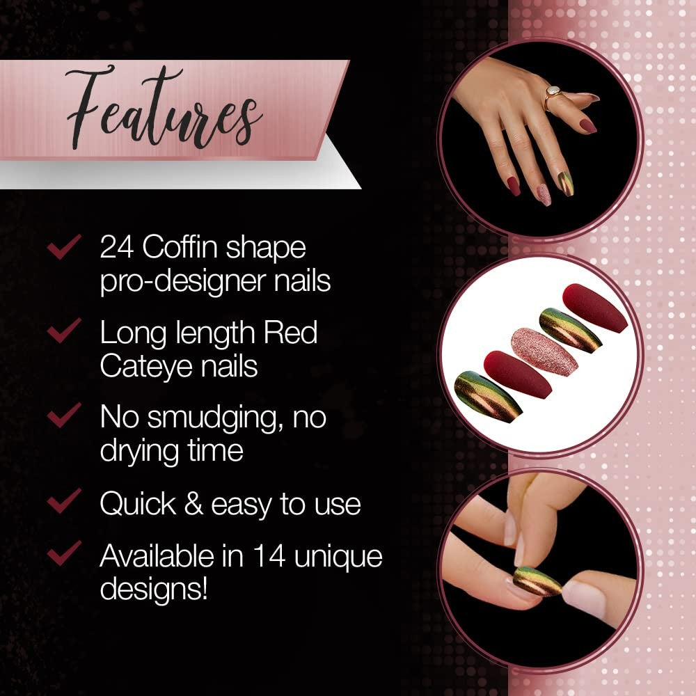 Artificial Nail Set with 24 Long Coffin Fake Nails and Accessories