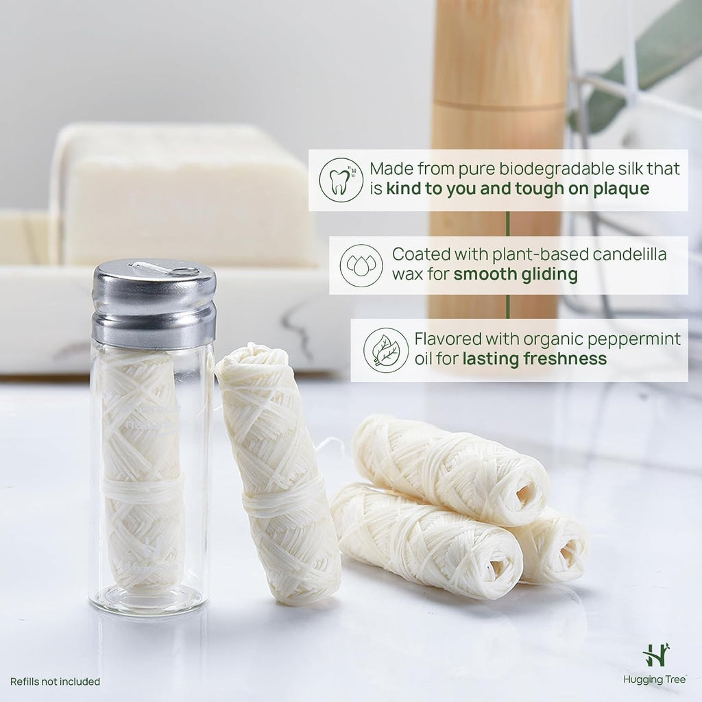 Natural Silk Dental Floss with Reusable Glass Dispenser - Eco-Friendly, Biodegradable, Zero Waste
