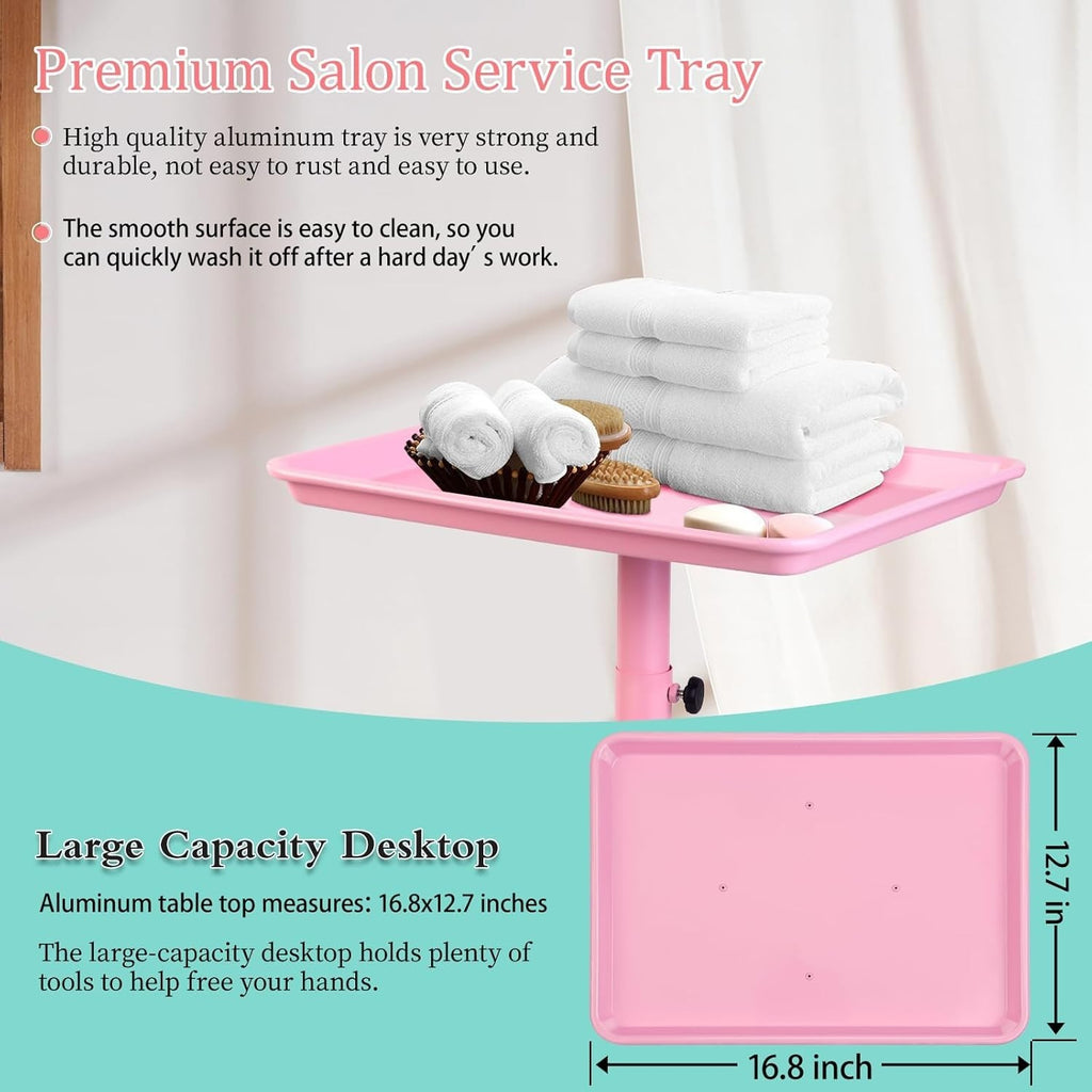 Pink Height-Adjustable Salon Tray with 5 Wheels for Beauty & Home Use