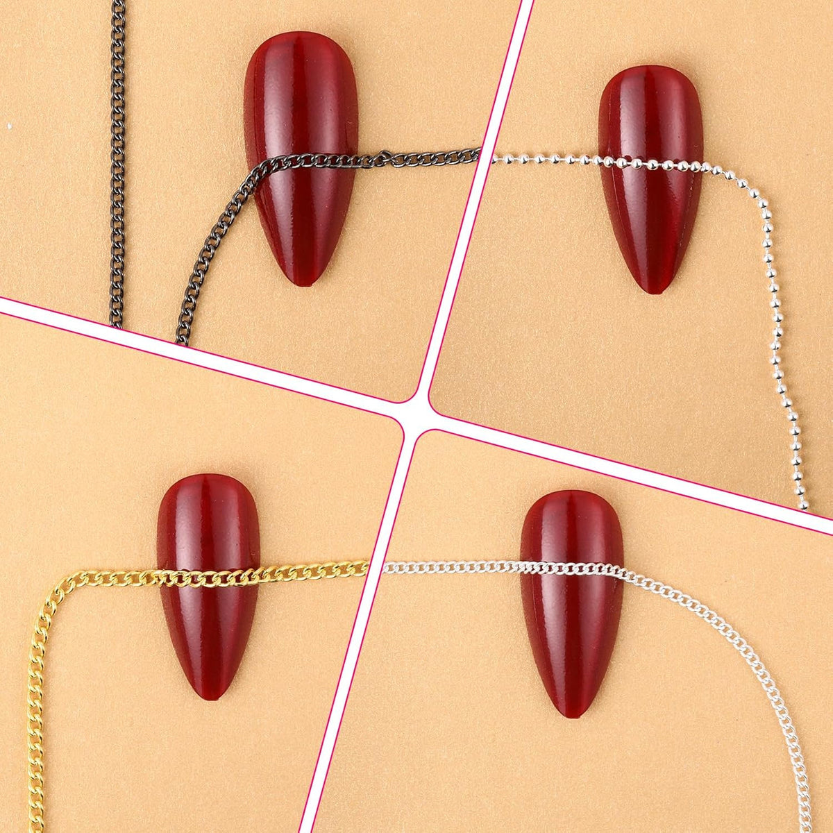 Metal Nail Art Chains Set - Gold, Silver & Gray DIY Manicure Accessories