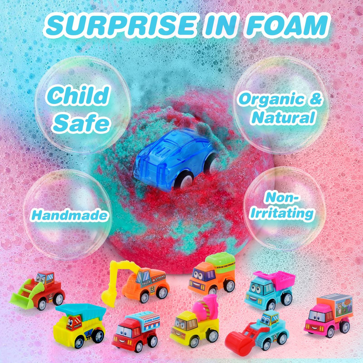 Kids Bath Bombs with Surprise Cars and Toys - 6 Pack Bubble Set
