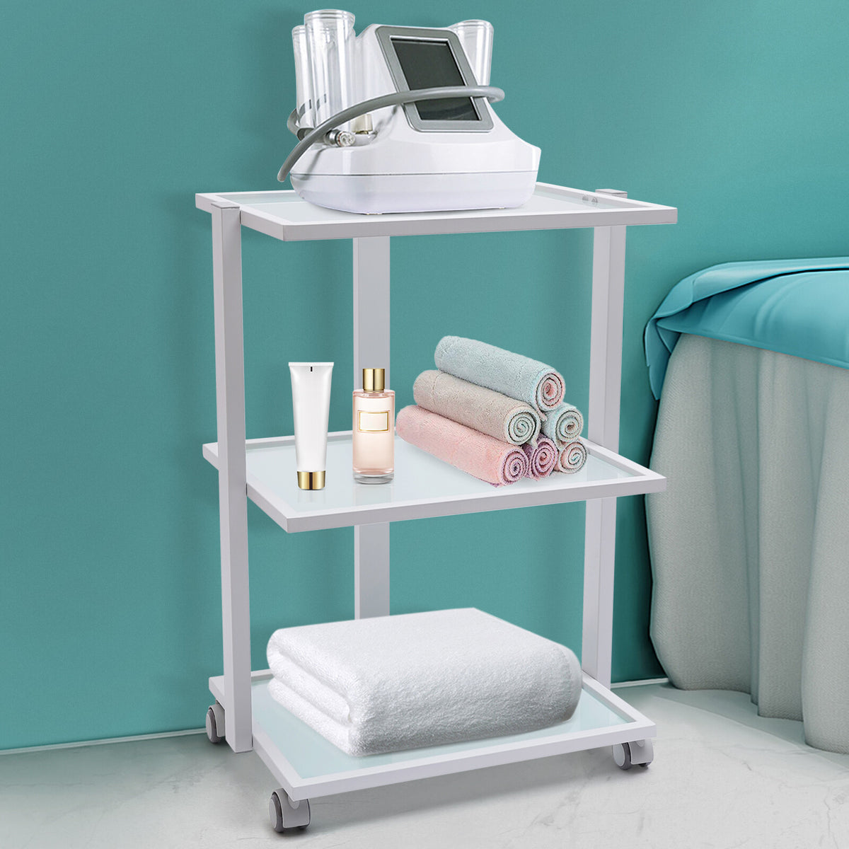Salon Trolley Esthetician Cart with 3 Glass Shelves - Rolling Beauty Storage Station
