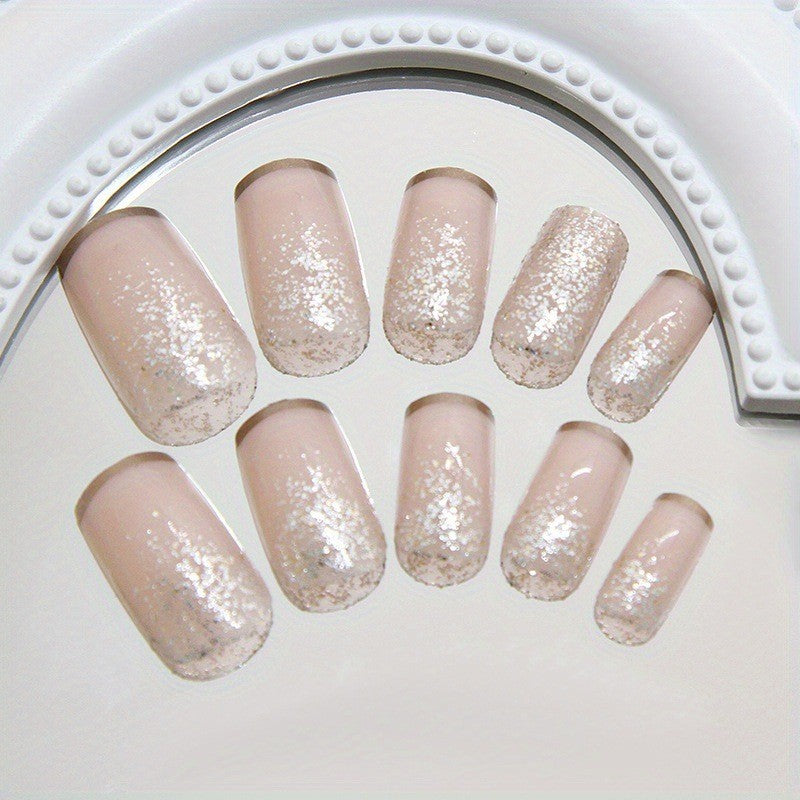 48Pcs Nude Pink Rhinestone Press On Nails Short Square Glossy False Nails