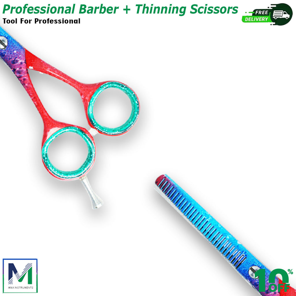 Professional Hairdressing Scissors Set – Thinning & Straight Barber Shears, 6.5 Inch, Red & Blue
