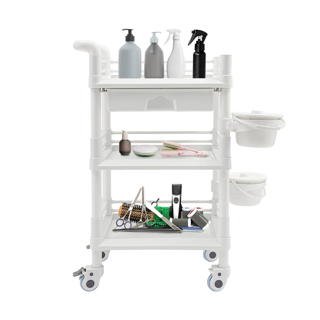 Salon Mobile Storage Cart with 3 Shelves and 2 Garbage Bins - White