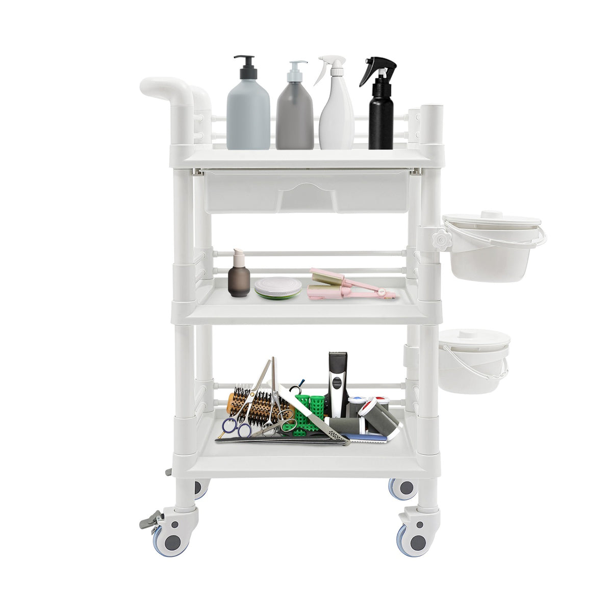 Salon Mobile Storage Cart with 3 Shelves and 2 Garbage Bins - White