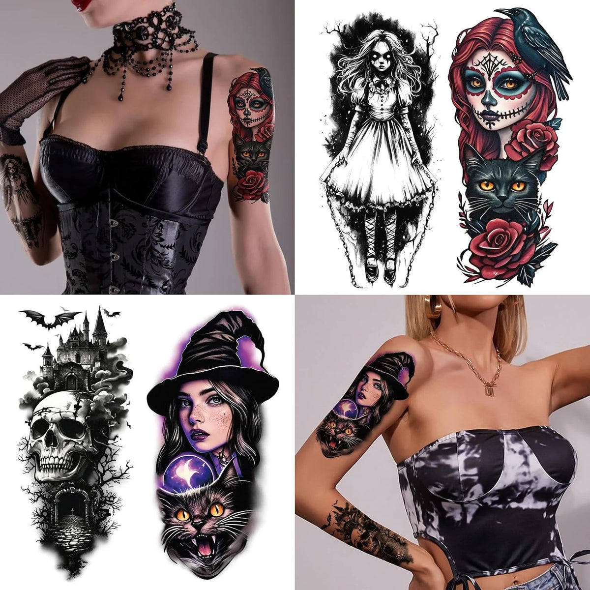 Witch Temporary Tattoos 77 Sheet Set - Skeleton Skull Bats Cauldrons Black Cats For Adults