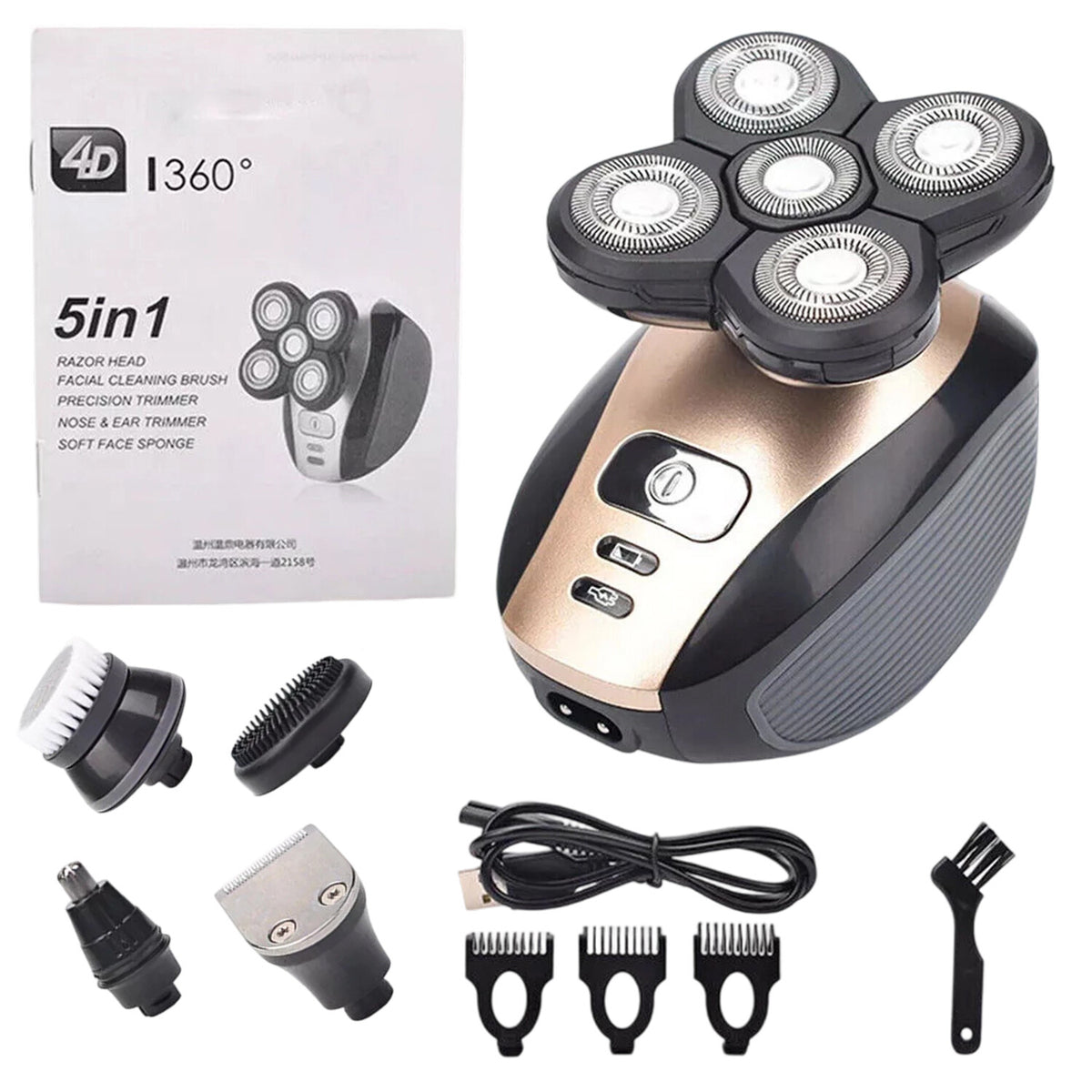5-in-1 Rotary Electric Shaver for Bald Head and Face Trimming, Rechargeable