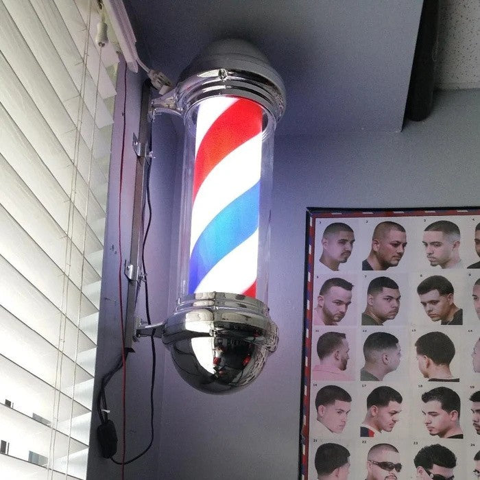 Rotating LED Barber Pole Light for Barbershop Signage - Red White Blue