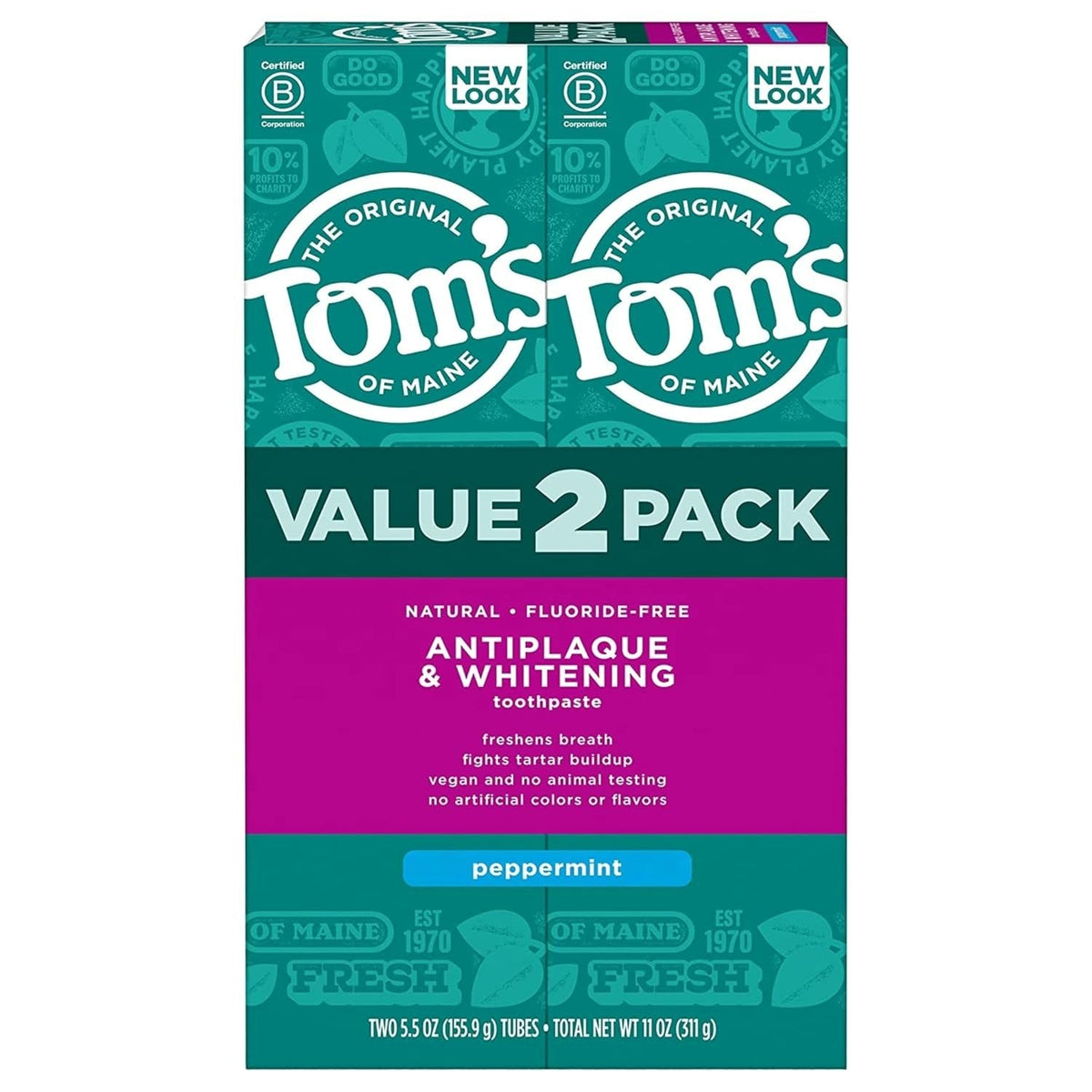 Natural Fluoride-Free Peppermint Toothpaste - Whitens & Fights Tartar, 2 Pack