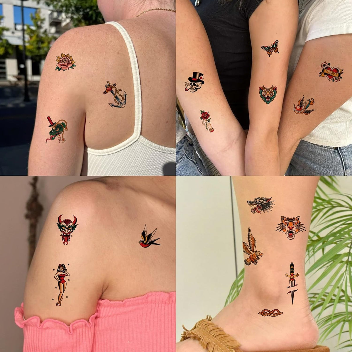 American Traditional Temporary Tattoos Set 76 Sheets - Retro Realistic Body Art