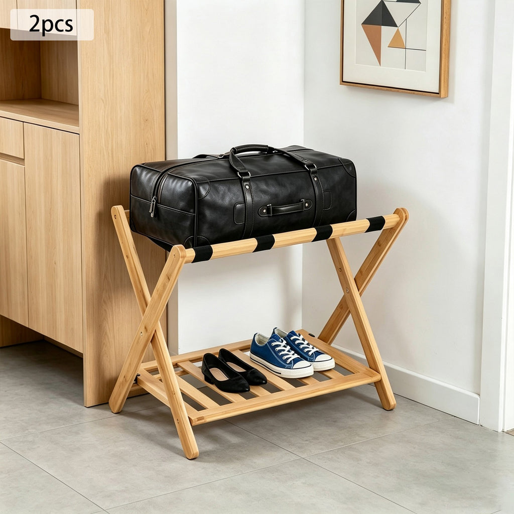Foldable Wooden Luggage Rack with Dual-Tier Design for Hotel & Home