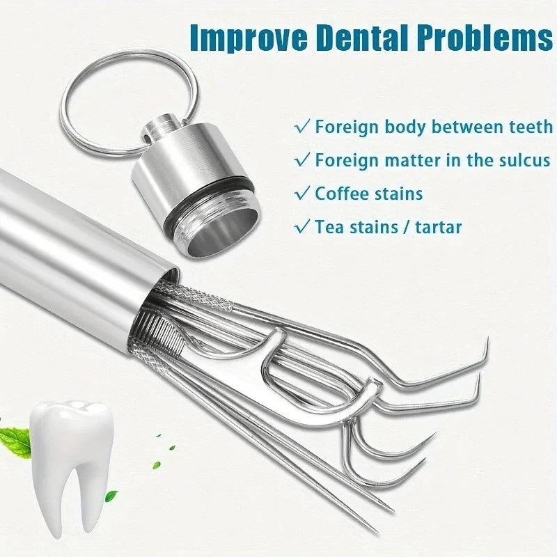 Set of 7 Stainless Steel Toothpicks with Keychain Holder - Reusable Portable Oral Care