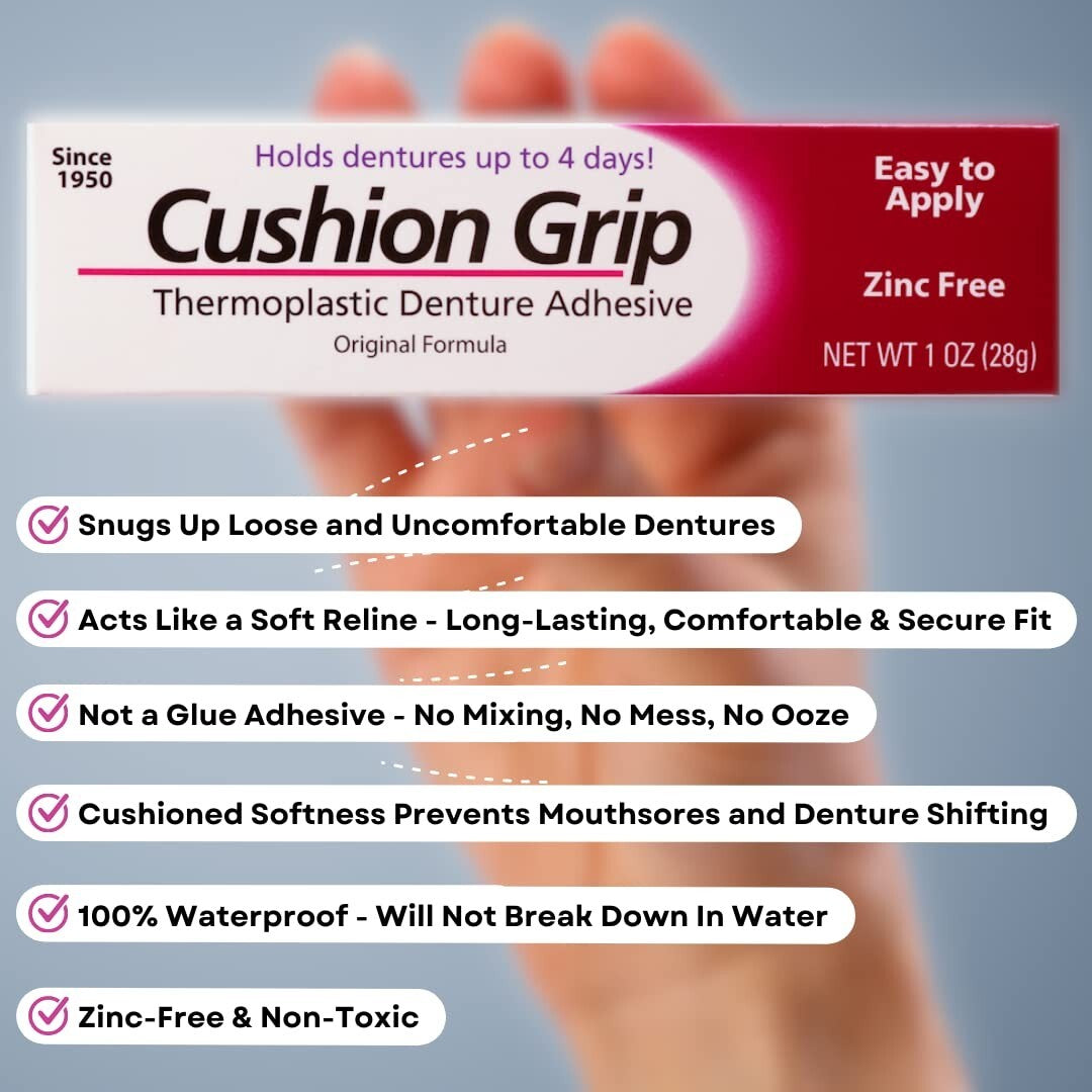Denture Cushion Grip Adhesive 1 Oz - Soft Refit & Comfort for Loose Dentures