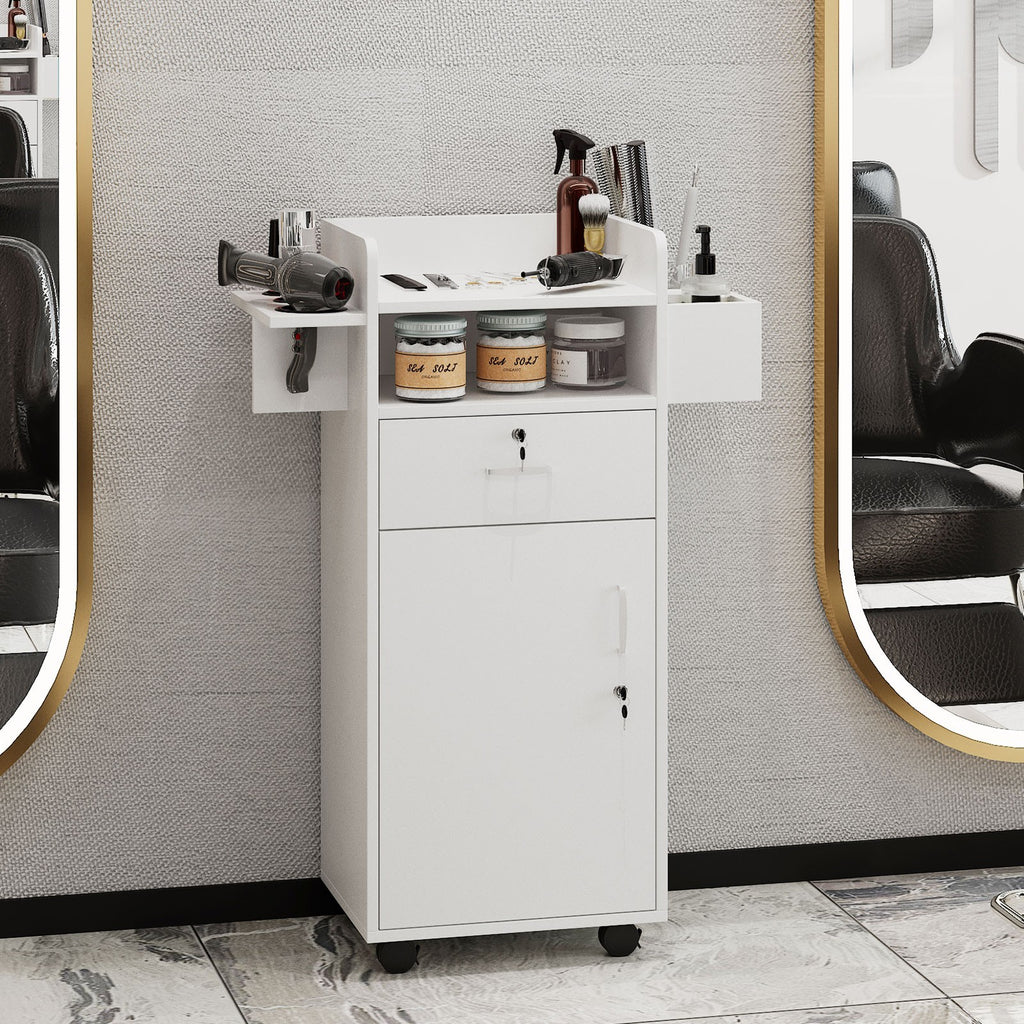 Rolling Hair Styling Station Barber Cabinet with Lockable Wheels and Storage
