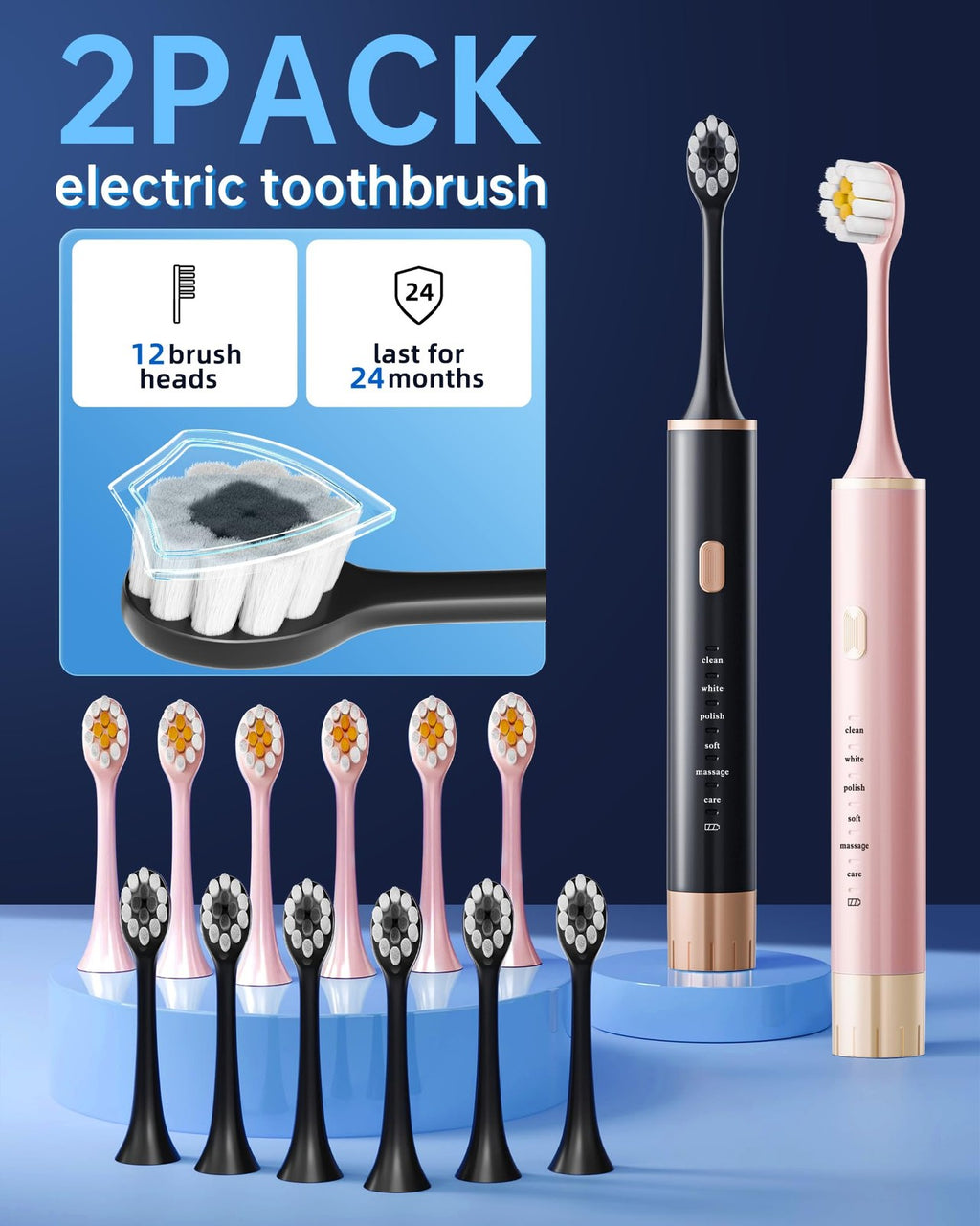 Electric Toothbrush 2 Pack for Adults with USB Rechargeable Sonic Cleaning - 6 Modes, Timer, 12 Brush Heads