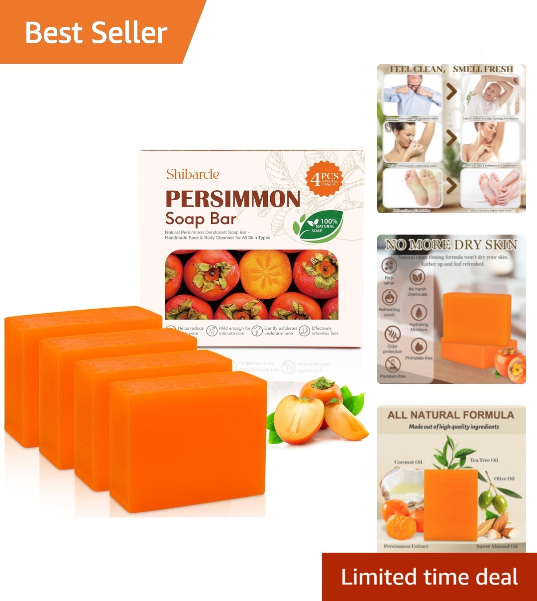 Odor Eliminating Persimmon Soap Bars - 4 Pack for Freshness & Hydration