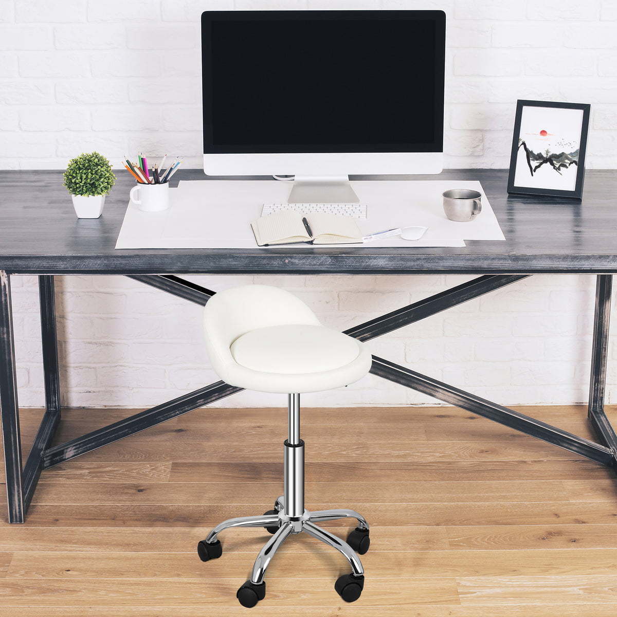 Adjustable Hydraulic Swivel Salon Stool with Backrest - White