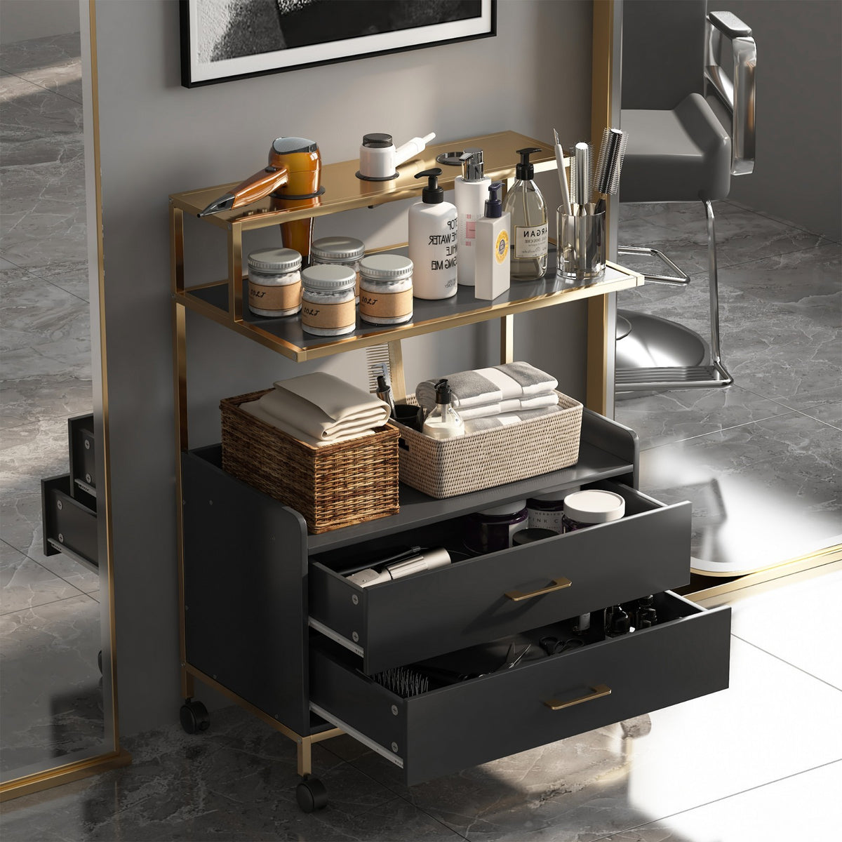 Salon Rolling Cart with Storage Drawers and Tool Holders - Black Metal Trolley