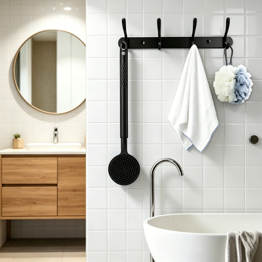 Long Handle Silicone Body Scrubber with Soft Bristles for Shower Exfoliation