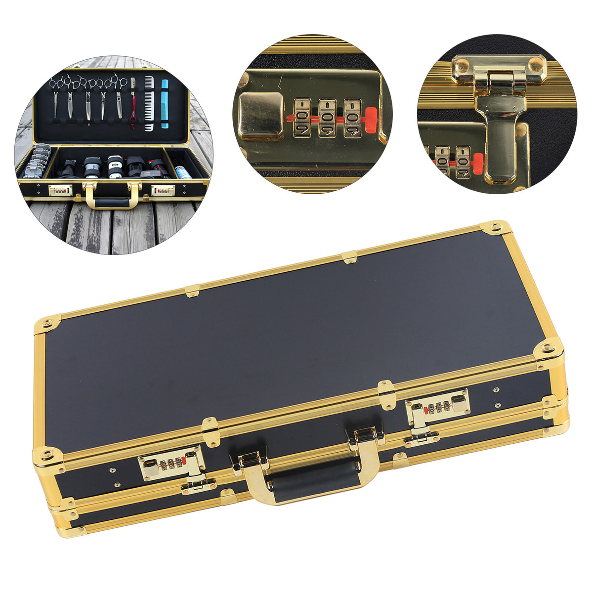 Large Barber Carrying Case with Lock, Gold Finish, Tool Organizer for Clippers & Trimmers