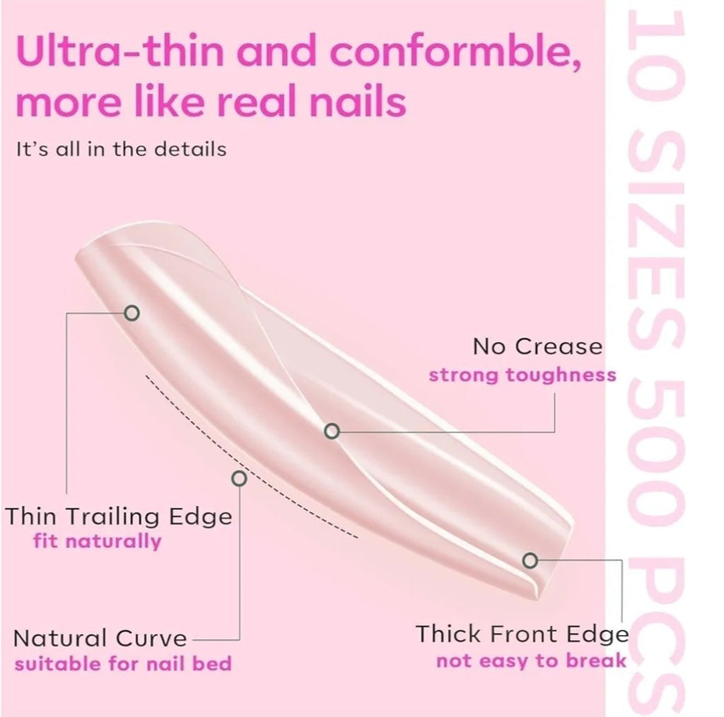 Gel Nail Kit with Long Coffin Tips & 9-in-1 Nail Glue - Home Salon DIY