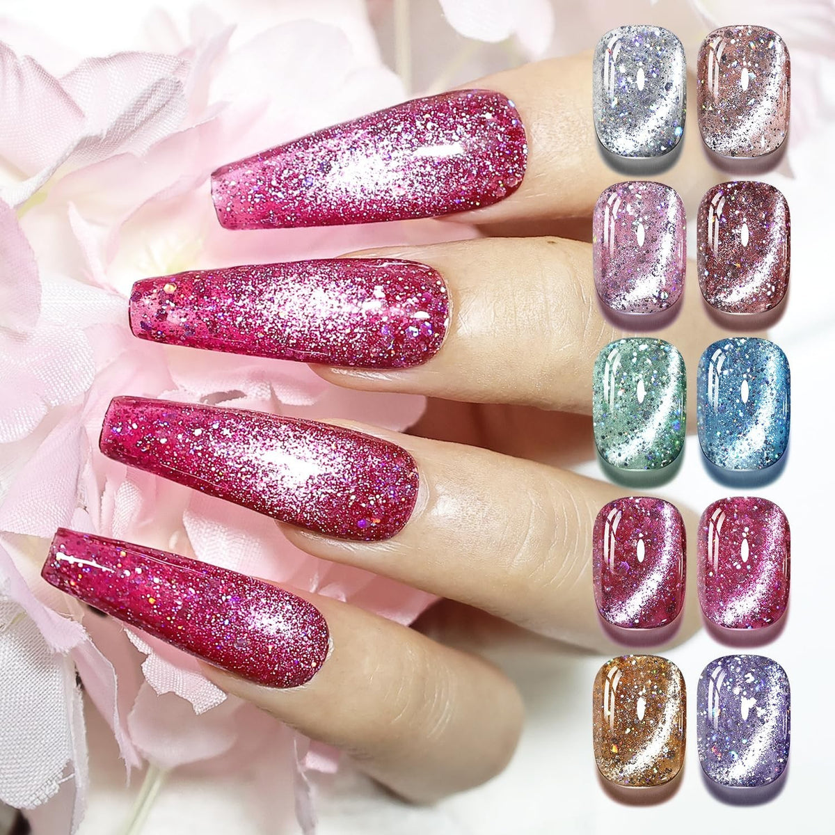 Holographic Cat Eye Gel Nail Polish Set with Base & Top Coat - 10 Colors