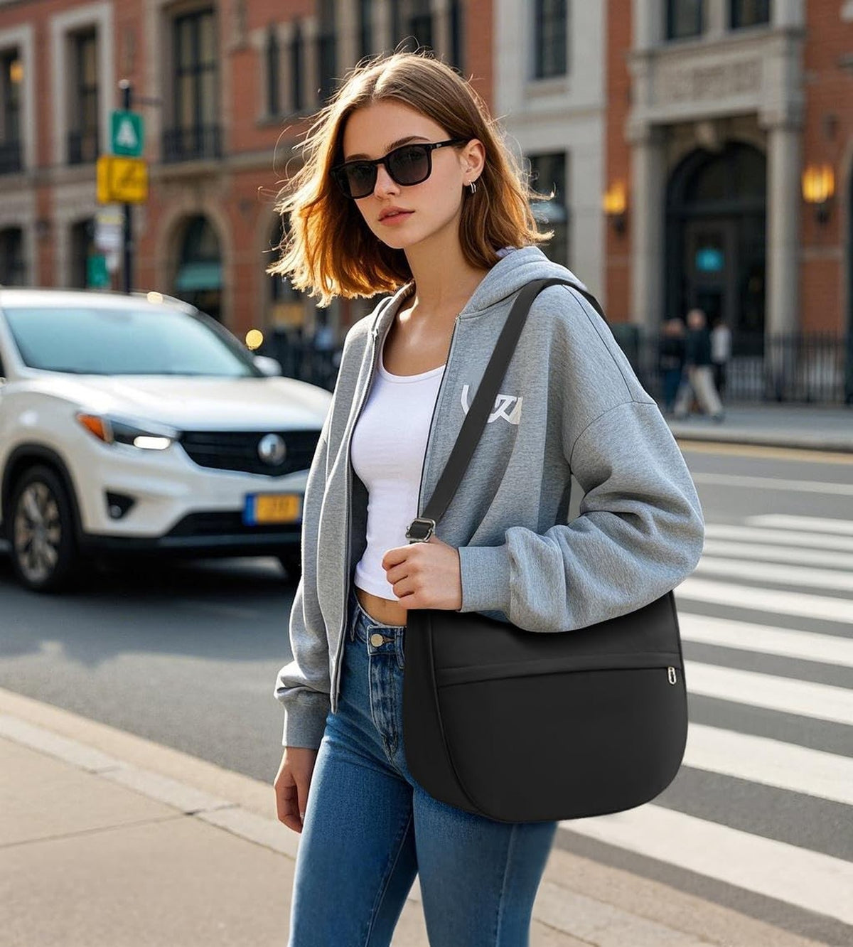 Medium Nylon Crescent Shoulder Bag - Unisex Crossbody Purse with External Pocket