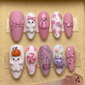 Custom Handmade Cute Pink Halloween Ghost Spider Bat Press-On Nails