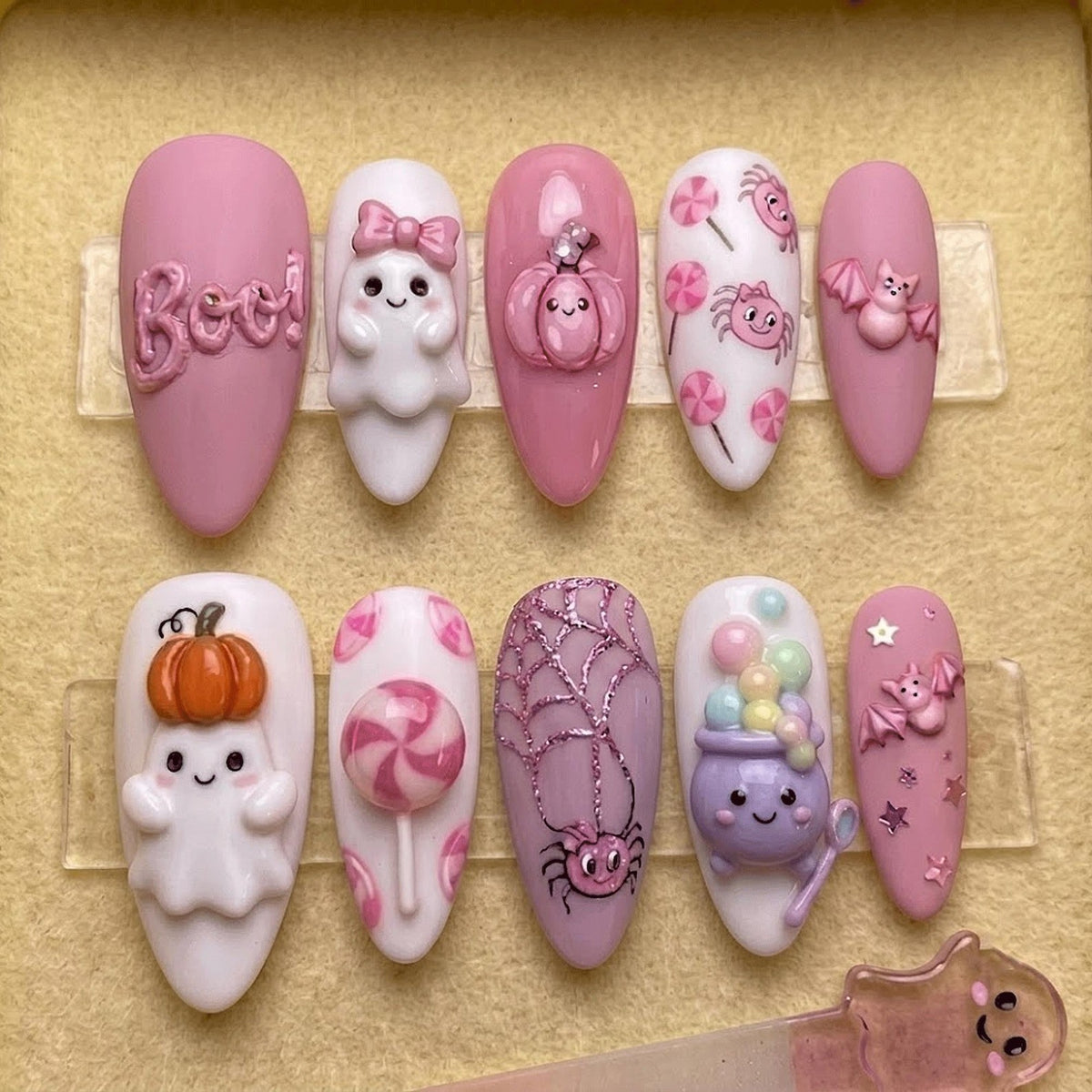 Custom Handmade Cute Pink Halloween Ghost Spider Bat Press-On Nails