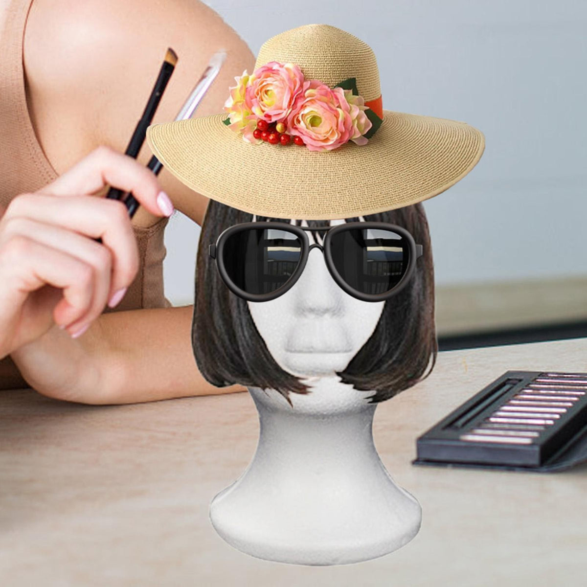 Female Mannequin Head for Wigs Display Foam Model with Glasses Hat Accessories