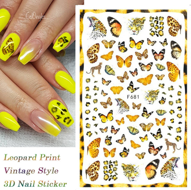 3D Nail Stickers Decals Butterfly Rose Flower Cheetah Print for Nail Art