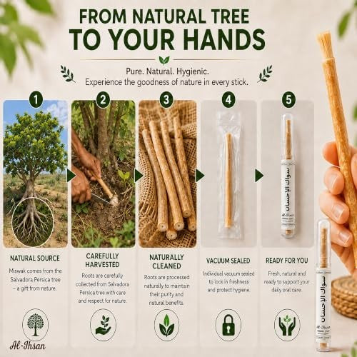 Natural Miswak Sticks 5 Pack - Eco-Friendly Salivadora Persica Toothbrush with Holder