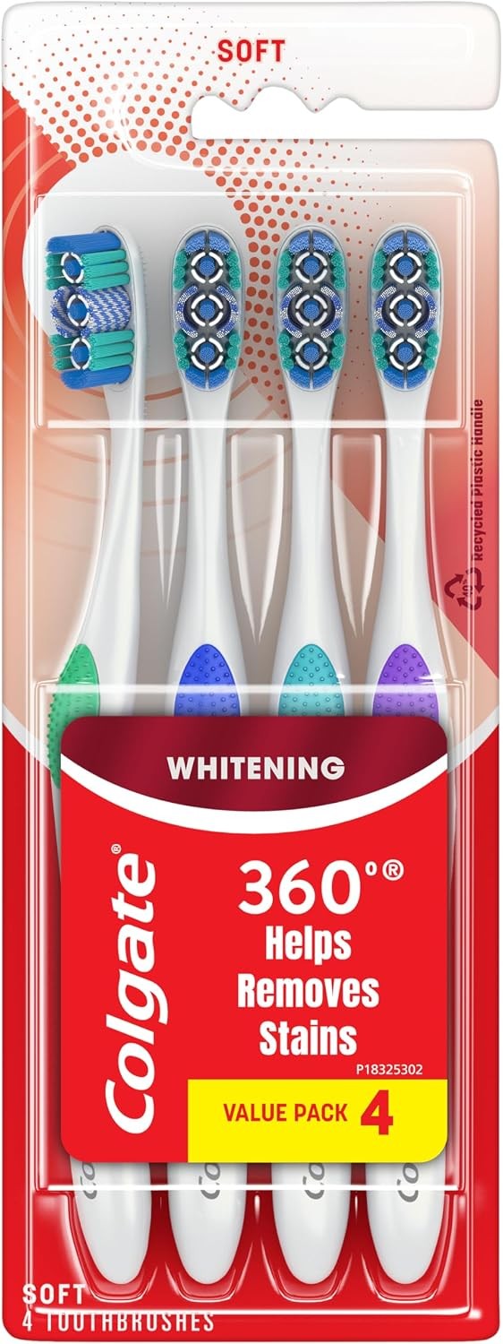 4 Pack Soft Adult Whitening Toothbrushes with Tongue & Cheek Cleaners