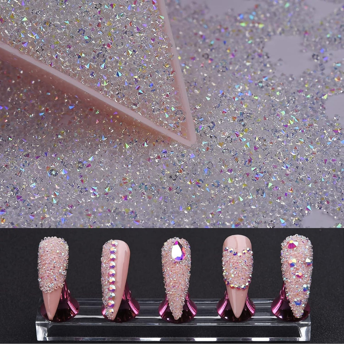 Mini Nail Rhinestones Set 8000Pcs 1.2mm Iridescent AB Crystal Gems for Nails