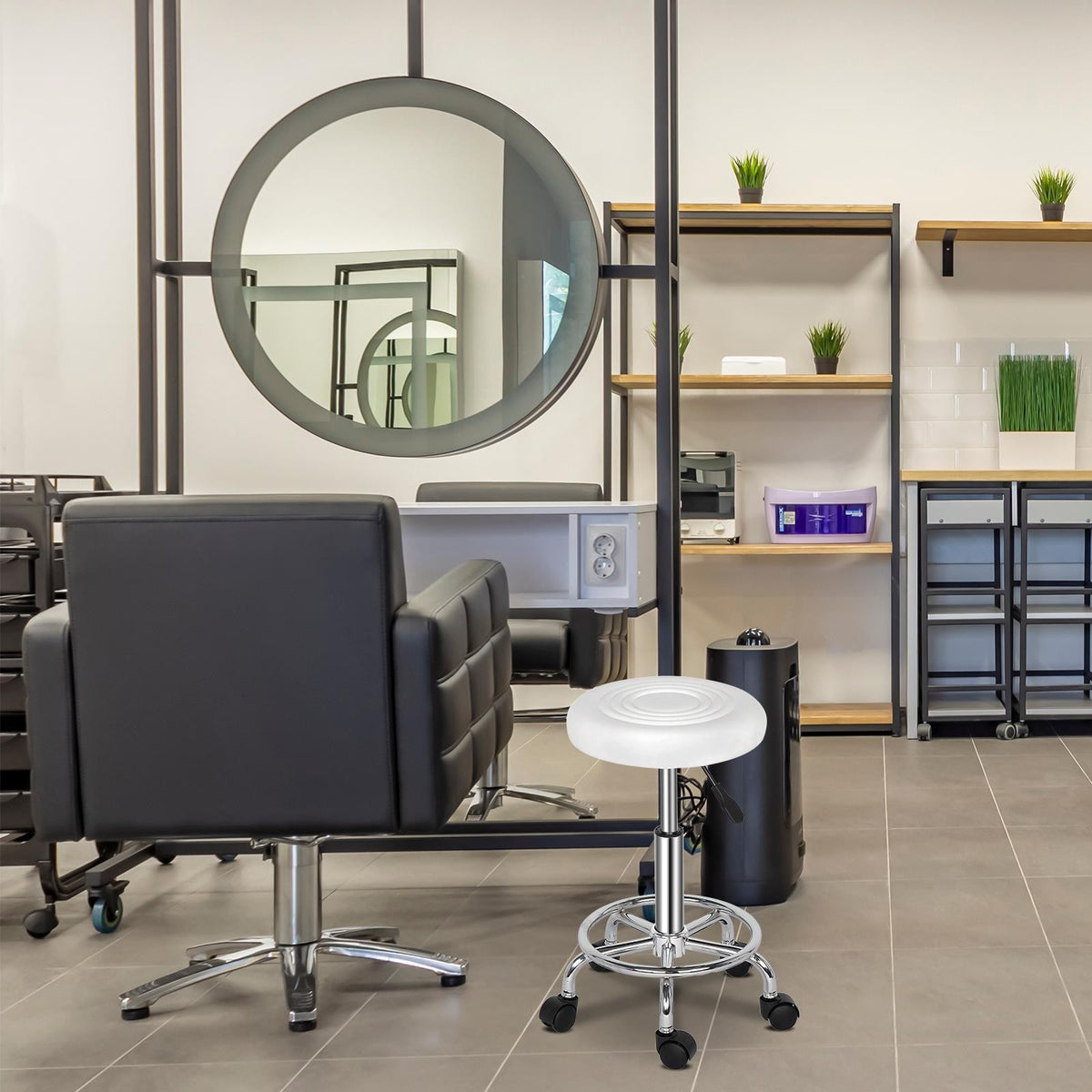 Adjustable Hydraulic Swivel Round Bar Stool with Casters - Salon & Counter Seating