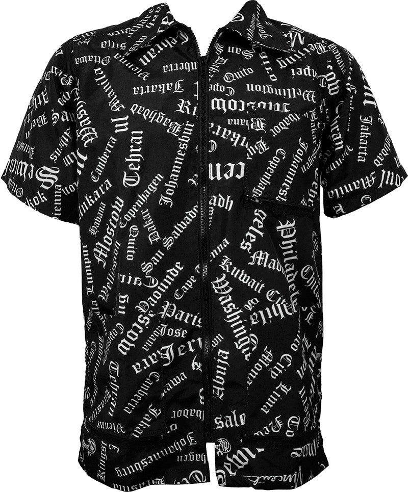 World City Print Barber Jacket with Multiple Pockets and Gothic Pattern - Unisex Workwear