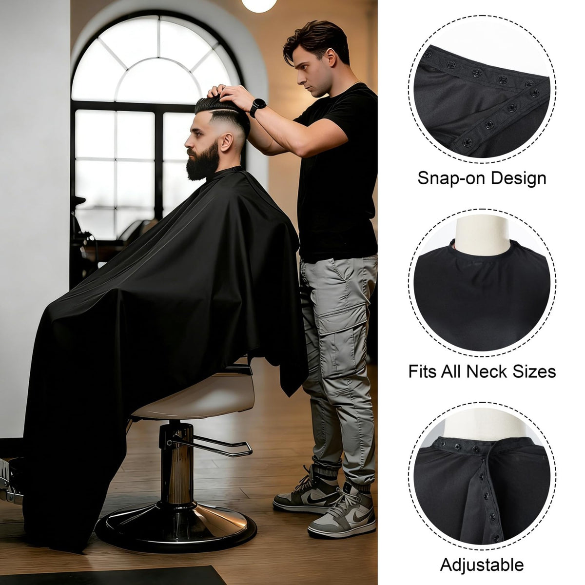 Waterproof Black Barber Cape for Hair Cutting with Adjustable Snap Closure - Salon Use